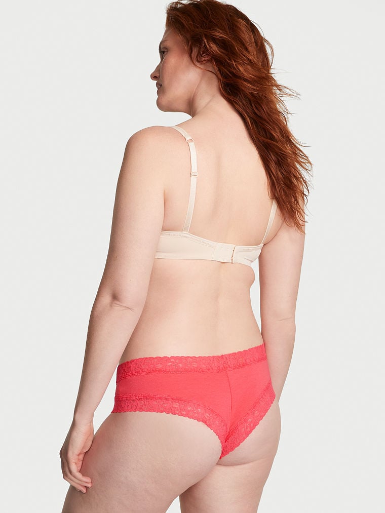 Cheeky de algodón con cintura de encaje rosa coral