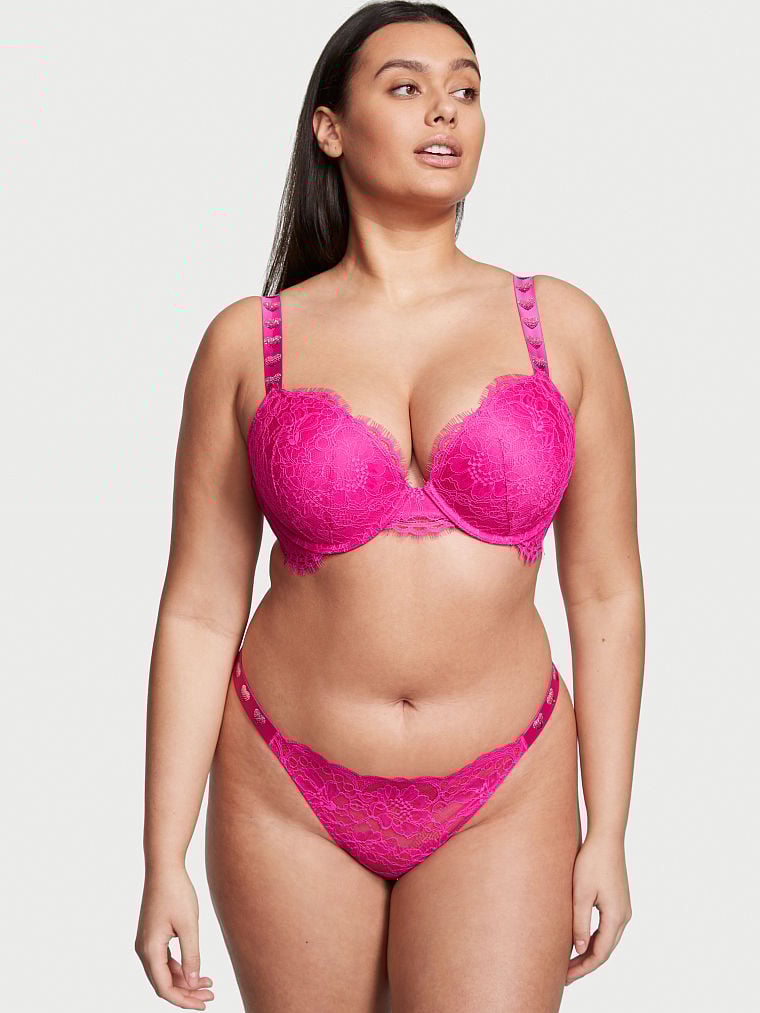 Tanga de encaje Fucsia con tirantes liso con brillantes Victoria's Secret