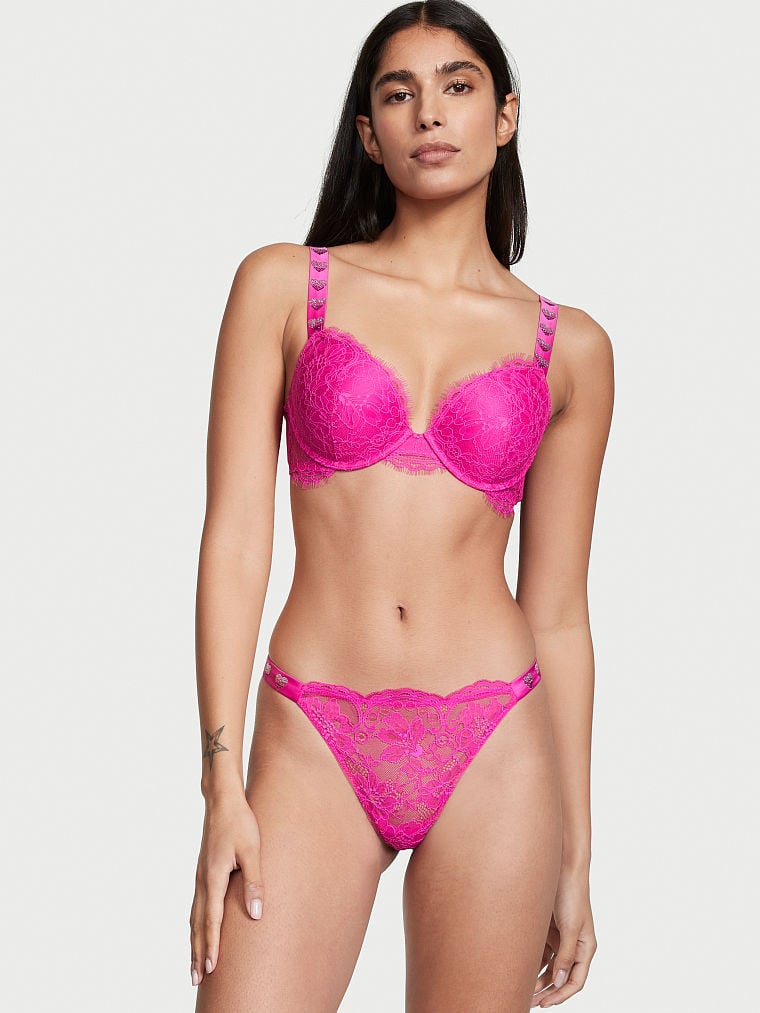 Tanga de encaje Fucsia con tirantes liso con brillantes Victoria's Secret