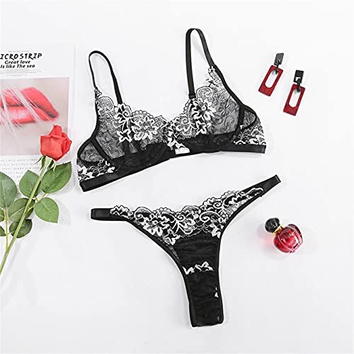 Conjunto de lencería sexy de encaje traslúcido floral Lilosy, festoneado con aros para mujer; brasier y bragas de 2 piezas