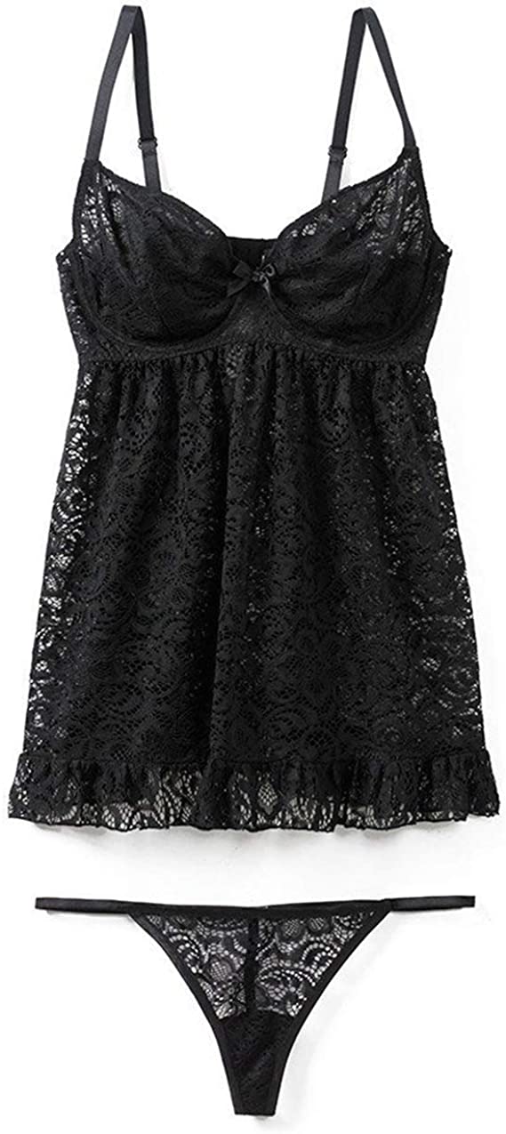Babydoll de encaje Negro con escote en V profundo con tanga Ladies & Men's story