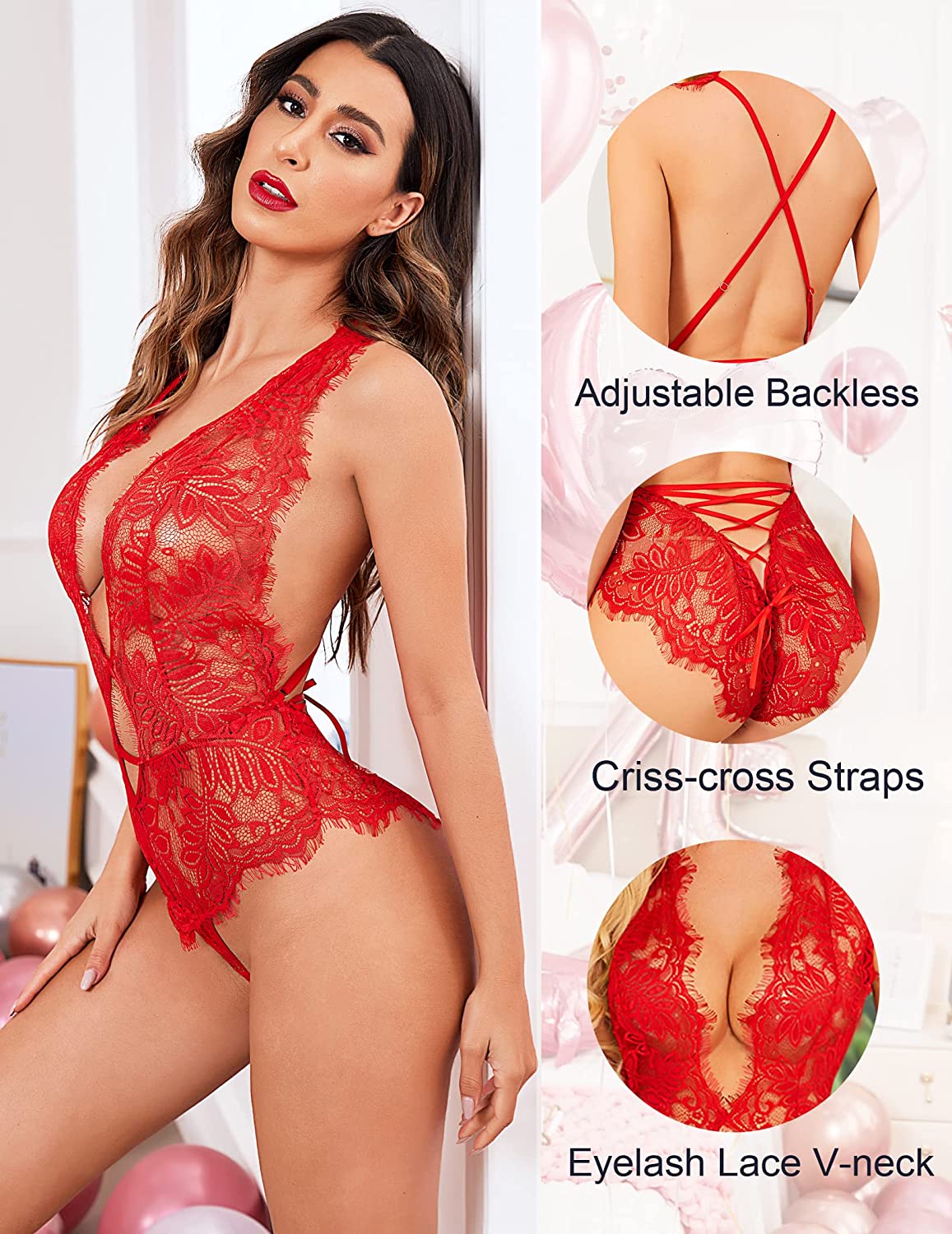 Body de encaje - Avidlove, escote en V profundo, minibabydoll sexy de lencería