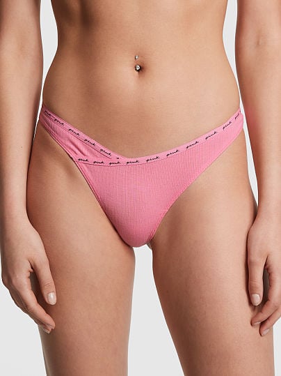 Tanga de algodón con Logo acanalado Pink