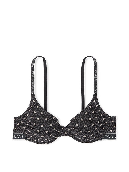 Brasier media copa de algodón Negro con estampado de corazones y logo de VS, con forro ligero Victoria's Secret