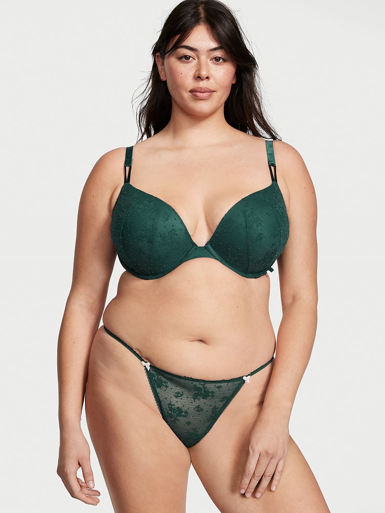 Hilo de algodón elástico verde oscuro con chonguitos rosa Victoria´s Secret